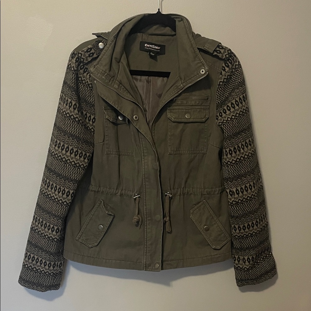 CoffeeShop Olive Utility Jacket with Patterned Sleeves
